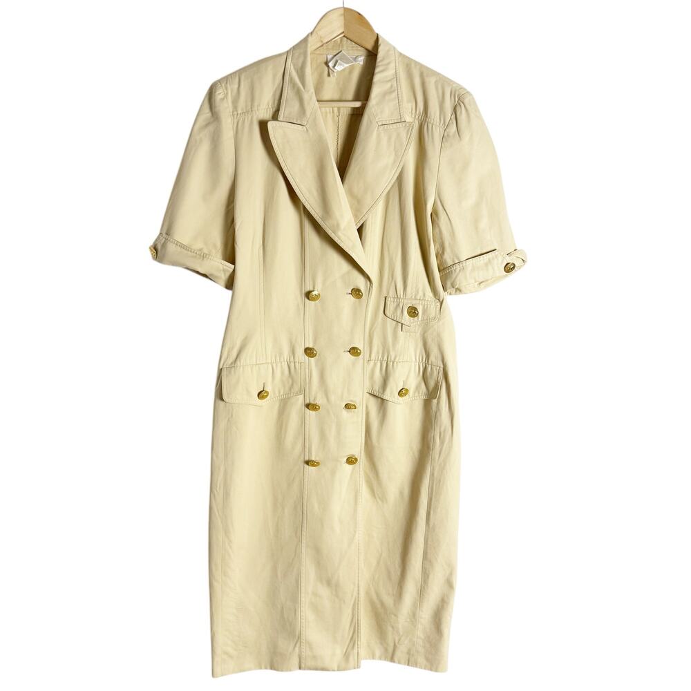 Escada Vintage 80’s Khaki Beige Double Breasted Trench Sheath Dress Size L